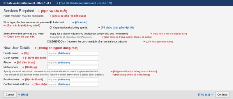 Trang Create an ImmiAccount đầu tiên: chọn Individual, nhập họ tên, điện thoại, email