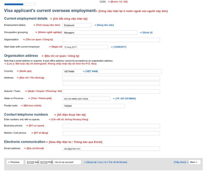 Khai Current overseas employment khi xin visa du lịch Úc online