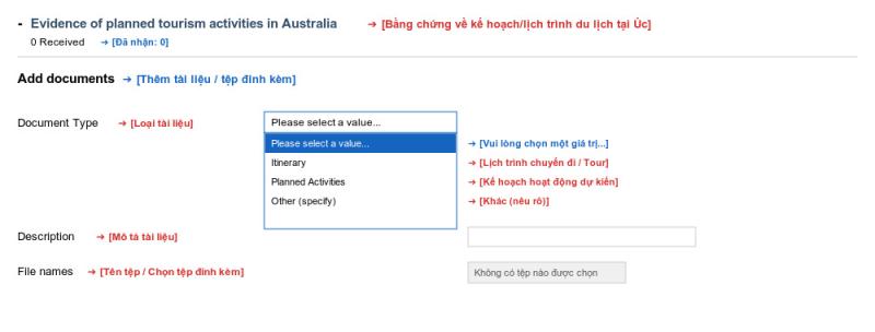 Chọn Document Type cho bằng chứng kế hoạch du lịch tại Úc