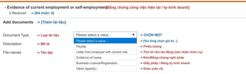 Các loại giấy tờ chứng minh công việc: bảng lương, thư công ty, đơn nghỉ phép