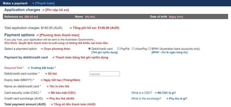 Trang Make a payment: chọn thẻ, PayPal hoặc UnionPay để trả lệ phí visa Úc
