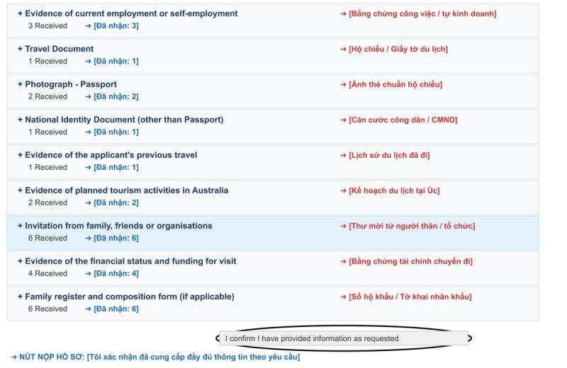 Số file đã nhận ở từng nhóm và nút xác nhận đã đính kèm đủ hồ sơ