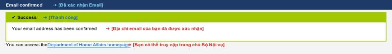 Thông báo xác nhận email thành công khi tạo tài khoản ImmiAccount