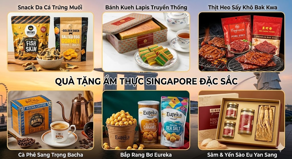 Một bộ sưu tập các món quà ẩm thực đặc sản Singapore, bao gồm da cá muối trứng, bánh nhiều lớp, thịt heo khô, cà phê Bacha, bỏng ngô caramel, tổ yến và nhân sâm.