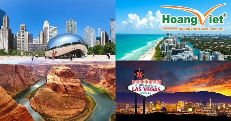 Một bức tranh ghép các địa danh nổi tiếng của Hoa Kỳ: Tượng "The Bean" ở Chicago, bờ biển Miami, Grand Canyon và đường chân trời Las Vegas lúc hoàng hôn với ánh đèn neon rực rỡ. Sống động và mang tính biểu tượng.
