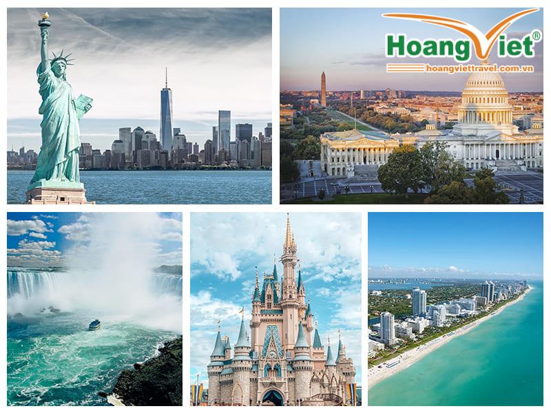 Bức tranh ghép này thể hiện những địa danh nổi tiếng của Hoa Kỳ từ Đông sang Tây: Tượng Nữ thần Tự do bên cạnh đường chân trời thành phố New York, Điện Capitol Hoa Kỳ với Đài tưởng niệm Washington, Thác Niagara, Lâu đài Cinderella và bờ biển Miami Beach.