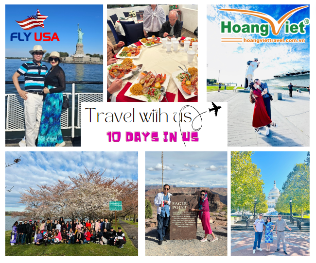 Bộ sưu tập ảnh du lịch ghi lại những thắng cảnh ở Hoa Kỳ: Tượng Nữ thần Tự do, một nhóm người dưới tán hoa anh đào, bữa tối, tạo dáng bên biển hiệu Eagle Point, và gần Điện Capitol ở Washington, D.C. Dòng chữ ghi: "Du lịch cùng chúng tôi, 10 ngày ở Mỹ." Không khí phiêu lưu và mời gọi.