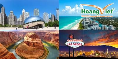 Tour Mỹ Liên Tuyến Đông Tây 2026 Một bức tranh ghép các địa danh nổi tiếng của Hoa Kỳ: Tượng "The Bean" ở Chicago, bờ biển Miami, Grand Canyon và đường chân trời Las Vegas lúc hoàng hôn với ánh đèn neon rực rỡ. Sống động và mang tính biểu tượng.