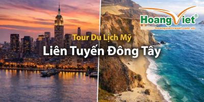 Tour Du Lịch Mỹ Liên Tuyến Tây Đông Ảnh ghép đôi, bên trái là khung cảnh thành phố rực rỡ lúc hoàng hôn, bên phải là vách đá ven biển nhìn ra đại dương. Chú thích ảnh: "Tour Du Lịch Mỹ Liên Tuyến Đông Tây."
