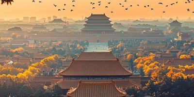 Tour Hà Nội - Bắc Kinh 4 Ngày 3 Đêm Cảnh hoàng hôn nhìn từ Tử Cấm Thành ở Bắc Kinh, với những mái nhà truyền thống Trung Quốc, tán lá mùa thu rực rỡ và một đàn chim bay lượn trên nền trời màu cam.