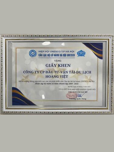 Giấy khen nhân dịp kỷ niệm 15 năm thành lập hiệp hội Unesco Hà Nội