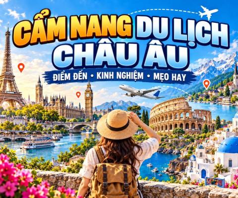 Du khách ngắm các danh thắng Châu Âu gồm tháp Eiffel, tháp Big Ben, đấu trường Colosseum và làng mái vòm Santorini