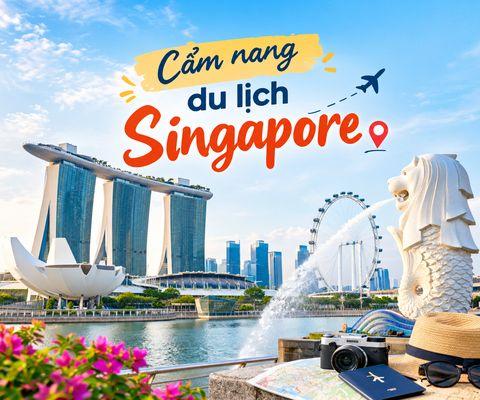 Tòa nhà Marina Bay Sands, tượng Merlion phun nước, vòng quay Singapore Flyer cùng máy ảnh, bản đồ và hộ chiếu trên bàn
