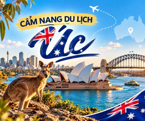 Chuột túi đứng trên mỏm đá phía trước nhà hát Opera Sydney, cầu cảng Sydney và cờ Úc