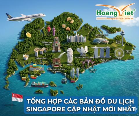 Bản đồ minh họa Singapore với các địa danh nổi tiếng như Marina Bay Sands, tượng Merlion và sân bay Changi. Một máy bay của hãng Singapore Airlines bay phía trên. Tiêu đề bằng tiếng Việt.