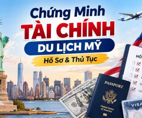 Tượng Nữ thần Tự do, toàn cảnh New York cùng hộ chiếu Mỹ, tiền USD, quốc kỳ Mỹ và bảng danh mục hồ sơ xin visa
