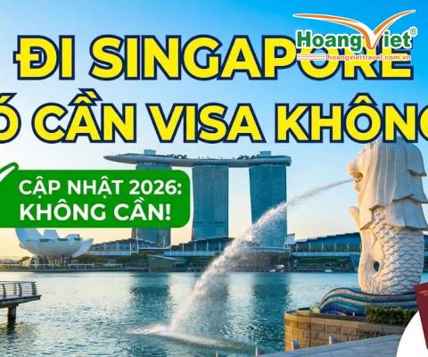 Hình ảnh cho thấy Vịnh Marina của Singapore với tượng Merlion phun nước ở phía trước. Văn bản bằng tiếng Việt thảo luận về việc miễn thị thực nhập cảnh Singapore vào năm 2026. Hình ảnh hộ chiếu và dấu "Đã được chấp thuận nhập cảnh" ở góc, cho thấy việc nhập cảnh dễ dàng hơn.