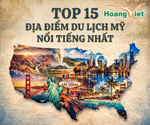 Bản đồ nước Mỹ với các địa danh nổi tiếng như Tượng Nữ thần Tự do, Cầu Cổng Vàng và biển hiệu Las Vegas, được phủ lên trên bằng văn bản tiếng Việt về các địa điểm du lịch hàng đầu.