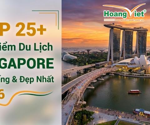Hình ảnh quảng bá cho các điểm du lịch hàng đầu tại Singapore năm 2026, với cảnh hoàng hôn nhìn ra Marina Bay Sands và các địa danh xung quanh