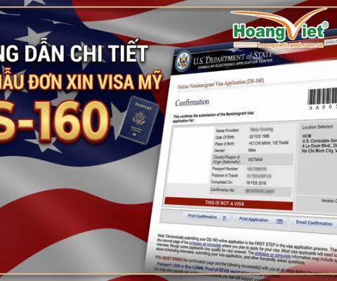 Hướng dẫn điền mẫu đơn xin visa Mỹ DS-160 bằng tiếng Việt. Hình nền là cờ Mỹ với một mẫu đơn ở bên phải.