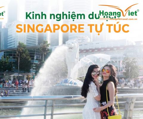 Hai người phụ nữ tươi cười tạo dáng trước đài phun nước Merlion biểu tượng của Singapore vào một ngày nắng đẹp. Những tòa nhà chọc trời và hàng cây cọ trải dài phía sau.