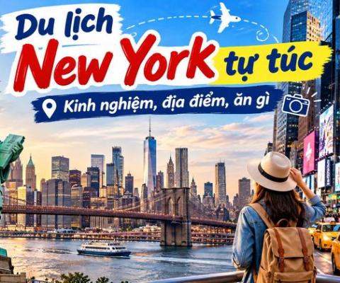 Tượng Nữ thần Tự do, skyline New York và nữ du khách đeo balo đứng trước Quảng trường Thời đại rực rỡ với taxi vàng