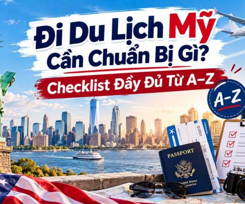 Tượng Nữ thần Tự do, thành phố New York cùng hộ chiếu Mỹ, vé máy bay, vali, máy ảnh và bảng checklist du lịch