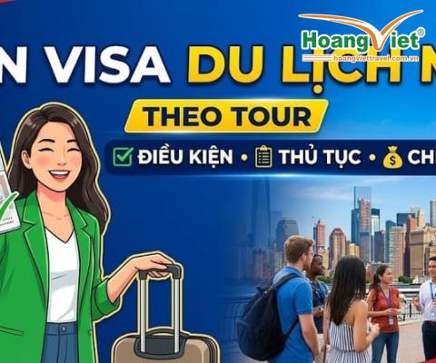 Minh họa cô gái cầm hộ chiếu Việt Nam dán visa Mỹ bên vali, phía sau là đoàn du khách và Tượng Nữ thần Tự do