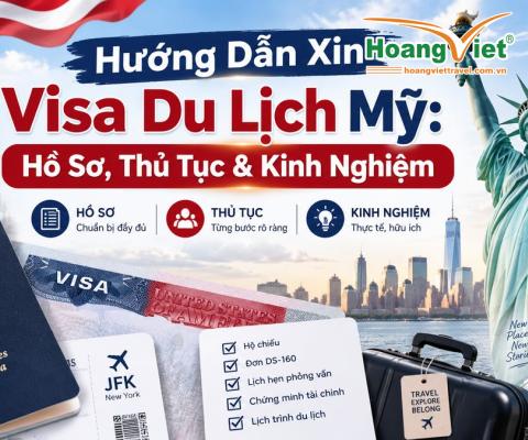 Thumbnail hướng dẫn xin visa du lịch Mỹ gồm hộ chiếu, visa, vé máy bay, danh sách hồ sơ, vali và Tượng Nữ thần Tự do