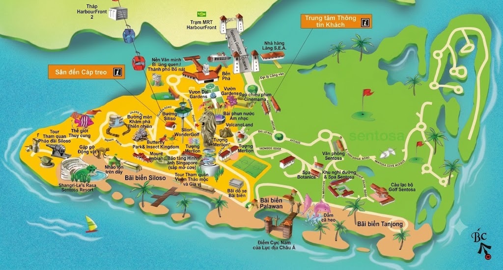 Bản đồ minh họa đảo Sentosa, làm nổi bật các điểm tham quan như bãi biển Siloso, bãi biển Palawan và nhiều khu nghỉ dưỡng khác nhau. Có các biểu tượng và đường đi đầy màu sắc.