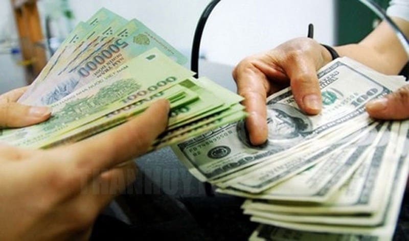 Hai bàn tay đang trao đổi tiền, một người cầm xấp tiền đô la Mỹ và người kia cầm tiền đồng Việt Nam. Cảnh tượng này thể hiện một giao dịch tài chính.