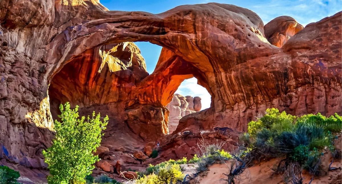 Một khung cảnh sống động với vòm đá sa thạch đỏ tại Vườn quốc gia Arches, Utah. Ánh nắng mặt trời chiếu sáng kết cấu của đá, với cây xanh ở phía trước.