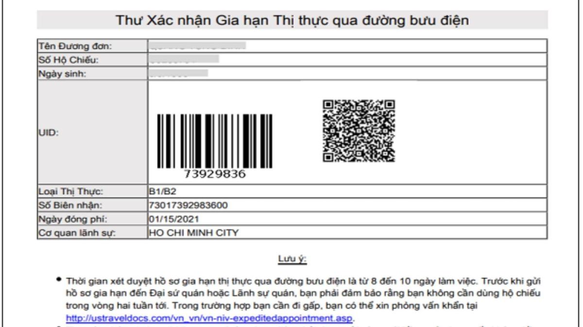 Giấy xác nhận gia hạn visa bằng tiếng Việt có mã QR và mã vạch. Thông tin chi tiết bao gồm loại visa, số visa, ngày cấp và địa điểm lãnh sự quán.