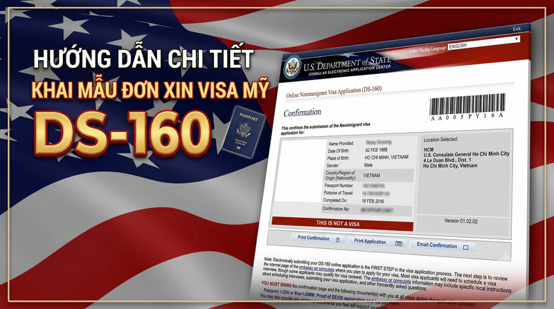 Hướng dẫn điền mẫu đơn xin visa Mỹ DS-160 bằng tiếng Việt. Hình nền là cờ Mỹ với một mẫu đơn ở bên phải.