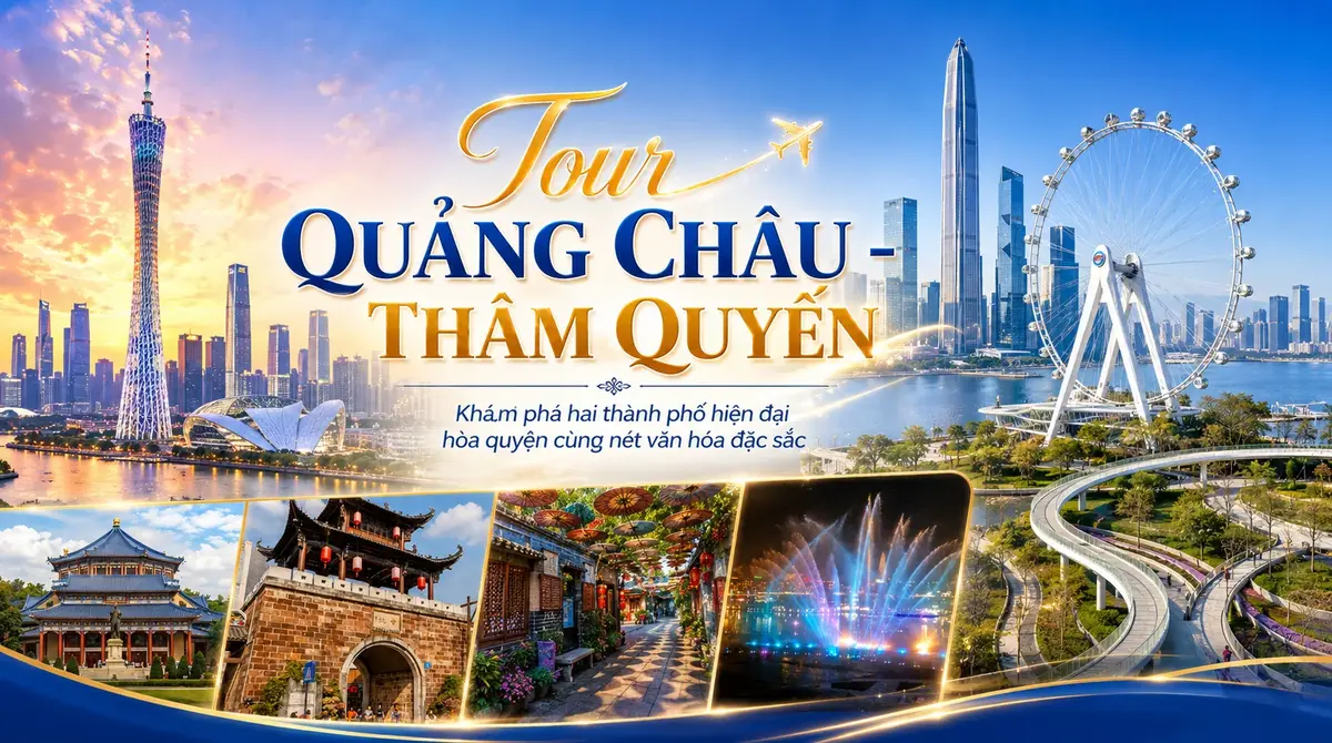 Tháp Quảng Châu, vòng đu quay Thâm Quyến và bốn ảnh nhỏ về công trình lịch sử, phố truyền thống cùng biểu diễn nhạc nước