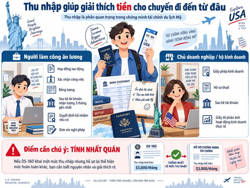 Infographic hướng dẫn chứng minh tài chính du lịch Mỹ cho người đi làm và chủ doanh nghiệp, nhấn mạnh nhất quán thu nhập