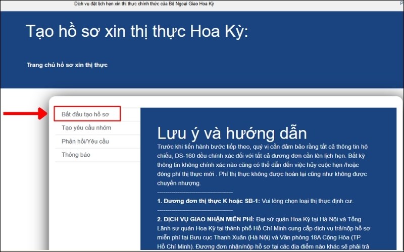 Giao diện cổng thông tin thị thực Hoa Kỳ với mũi tên chỉ vào mục "Bắt đầu tạo hồ sơ" trên menu bên trái
