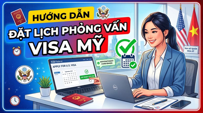 Người phụ nữ thao tác đặt lịch hẹn visa Mỹ trên laptop, bàn làm việc có hộ chiếu Việt Nam, phía sau là cờ Mỹ và Việt Nam