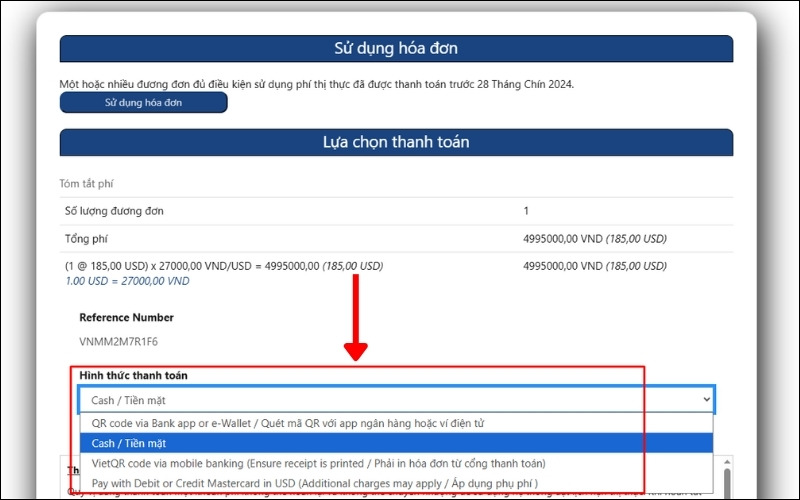Giao diện chọn hình thức thanh toán lệ phí visa Mỹ với danh sách thả xuống đang chọn Cash / Tiền mặt