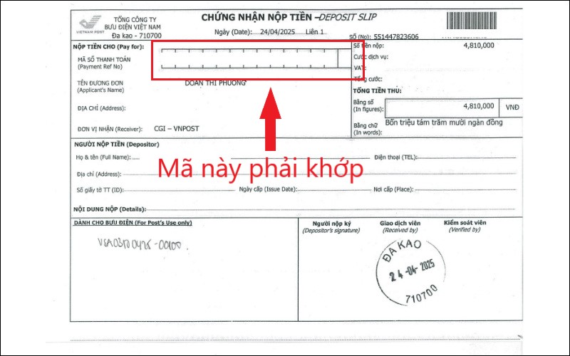 Phiếu nộp phí phỏng vấn visa Mỹ tại bưu điện VNPOST