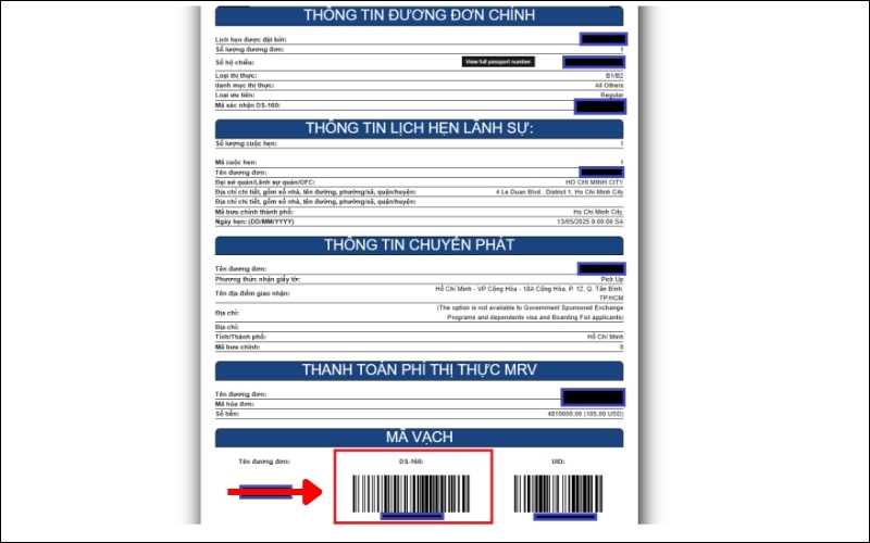 Xác nhận lịch hẹn phỏng vấn visa Mỹ gồm các mục thông tin, lịch hẹn, chuyển phát, phí MRV và mã vạch DS-160