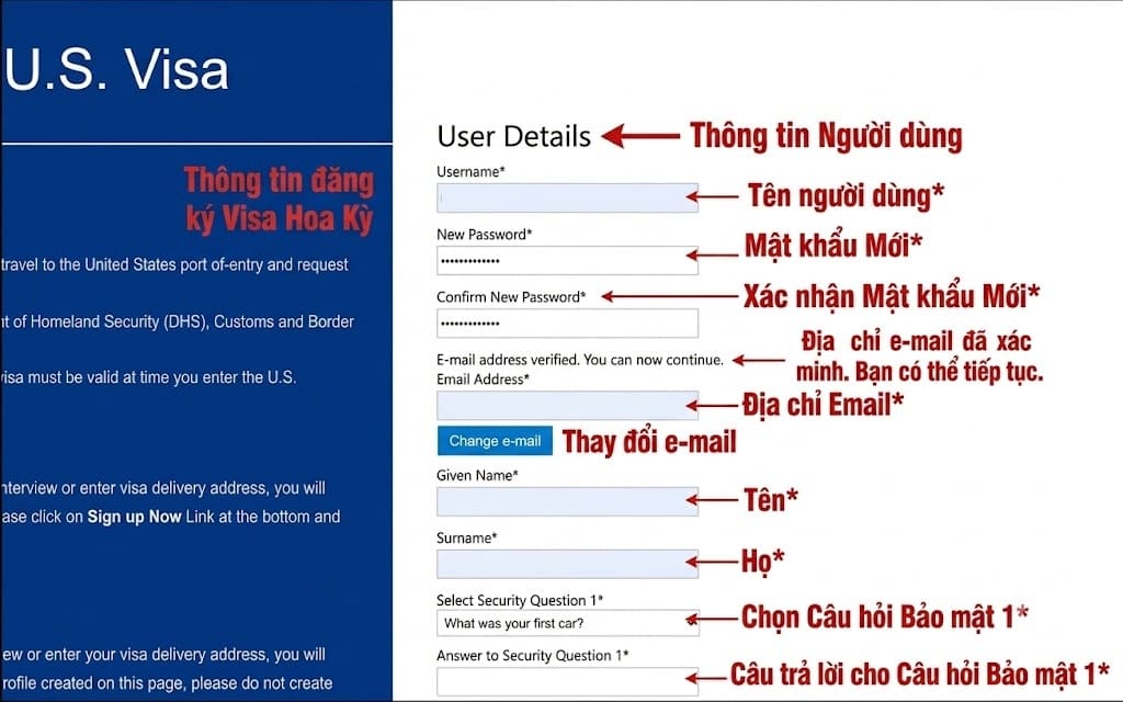 Giao diện đăng ký tài khoản xin visa Mỹ U.S. Visa kèm mũi tên chú thích tiếng Việt cho từng ô thông tin