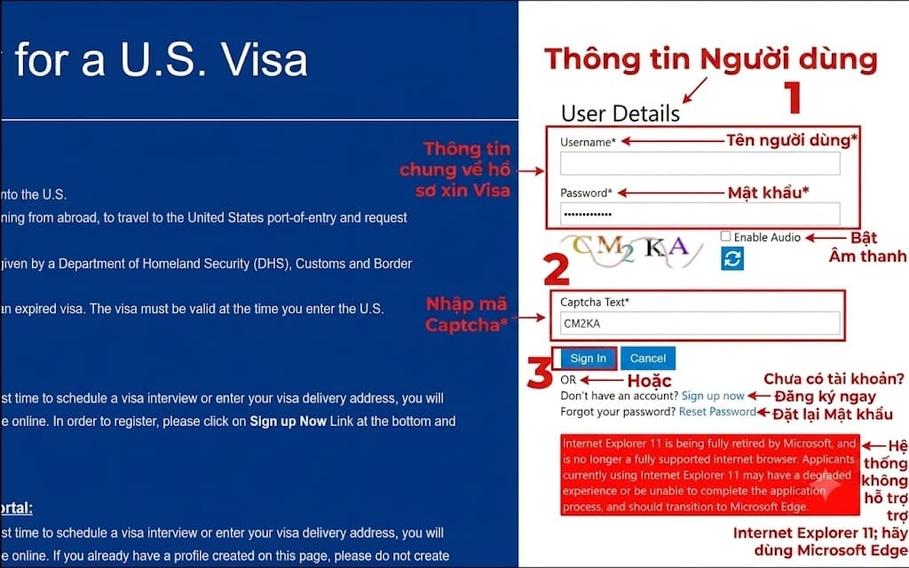Giao diện đăng nhập tài khoản xin visa Mỹ U.S. Visa gồm các bước điền tên, mật khẩu, captcha và chú thích tiếng Việt