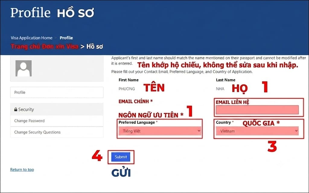 Giao diện cập nhật hồ sơ xin visa Mỹ với các số thứ tự và chú thích tiếng Việt đánh dấu các trường thông tin