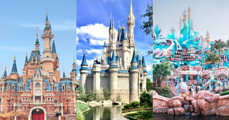 Ba lâu đài Disney từ các công viên khác nhau. Bên trái: lâu đài trang trí công phu, màu hồng; ở giữa: lâu đài đá cổ điển có hào nước; bên phải: lâu đài rực rỡ, kỳ ảo với tông màu xanh ngọc.