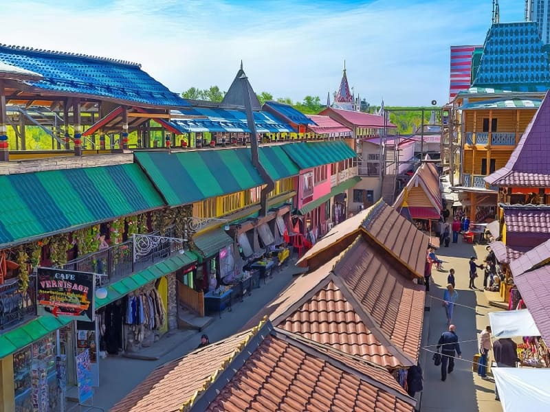 Chợ ngoài trời Izmailovo với dãy nhà gỗ hai tầng mái lợp sặc sỡ bên trái và các gian hàng mái ngói nâu dọc lối đi chính