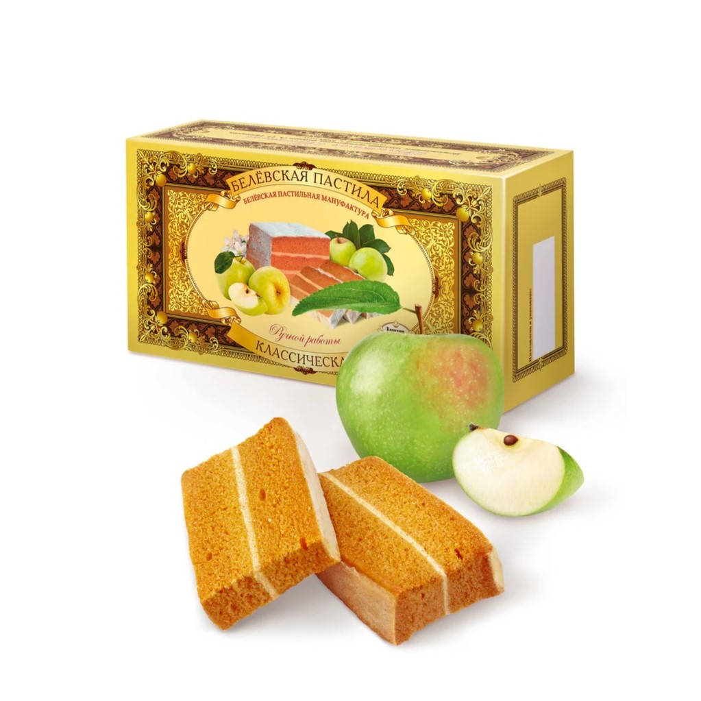Hộp kẹo pastila Belevskaya với thiết kế mạ vàng cầu kỳ, hình quả táo và những lát kẹo pastila ở phía trước. Hương vị táo làm nổi bật; bao bì trang nhã thể hiện chất lượng.