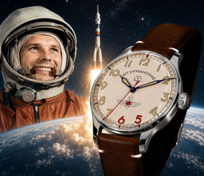 Đồng hồ Sturmanskie dây da nâu bên chân dung phi hành gia Gagarin và tên lửa phóng vào vũ trụ