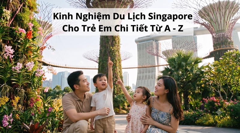 Một gia đình bốn người tận hưởng một ngày nắng đẹp tại Gardens by the Bay ở Singapore, bao quanh là cây xanh tươi tốt và những cây cổ thụ khổng lồ. Bọn trẻ hào hứng chỉ tay lên phía trên.