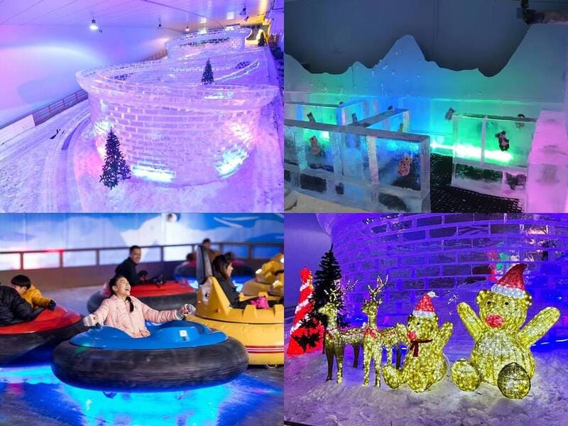 Hình ảnh ghép của một công viên trong nhà theo chủ đề mùa đông với cầu trượt băng được chiếu sáng, xe điện đụng rực rỡ sắc màu, các tác phẩm điêu khắc băng đầy màu sắc và màn trình diễn ánh sáng lễ hội.